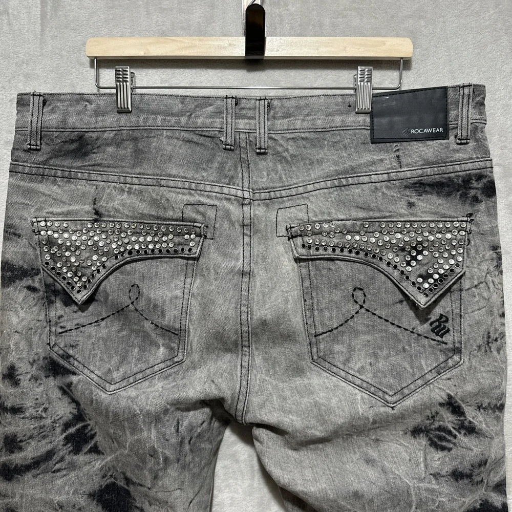 Rocawear Men's Size‎ 40X30 Gray Bleach Denim Rhinestone Pocket Jeans Streetwear